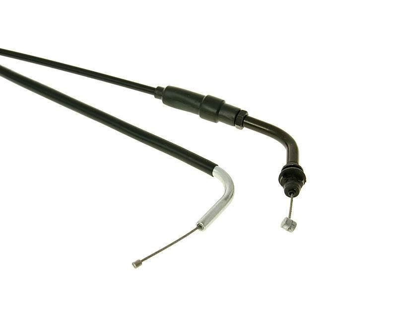 Black throttle cable with metal ends, designed for Peugeot Speedfight 100 models from 1997 to 2000, featuring a smooth, flexible casing and precise connectors.
