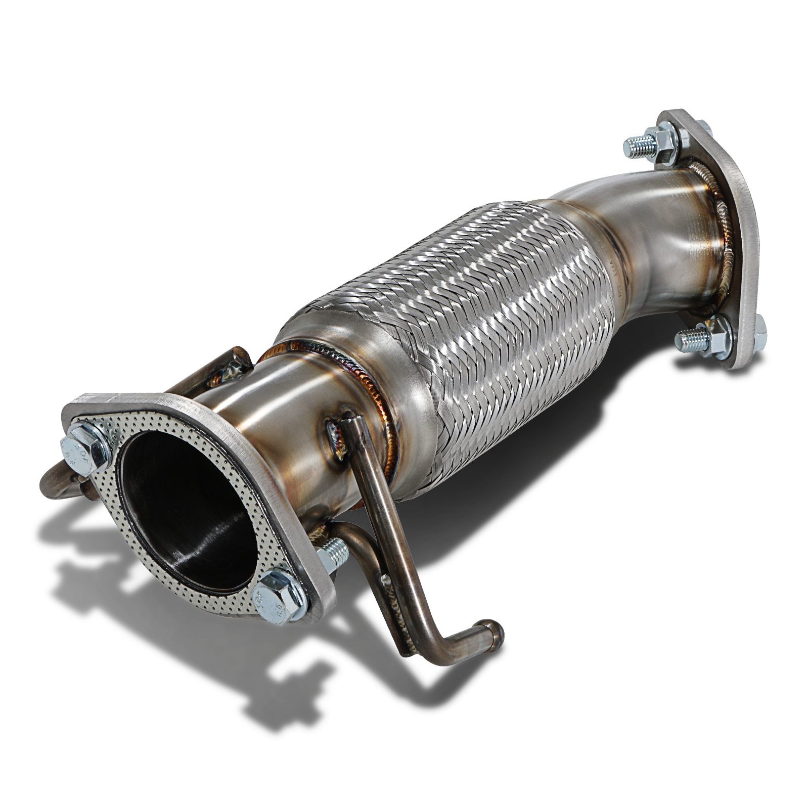 3" exhaust decat centre pipe for Hyundai I30N, featuring a stainless steel construction with a braided flex section, flanges for secure attachment, and a polished finish.