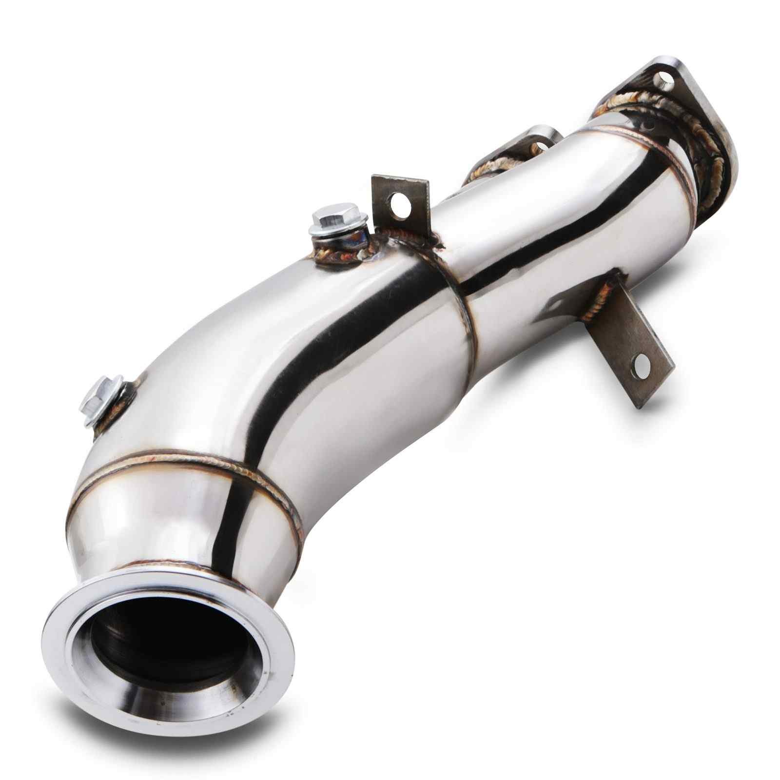 Polished stainless steel 3" exhaust decat downpipe with smooth curves, flanges for mounting, and a sleek design, compatible with BMW 1/3 Series E82/E88/135/E90/E92/335 (2011-2012).