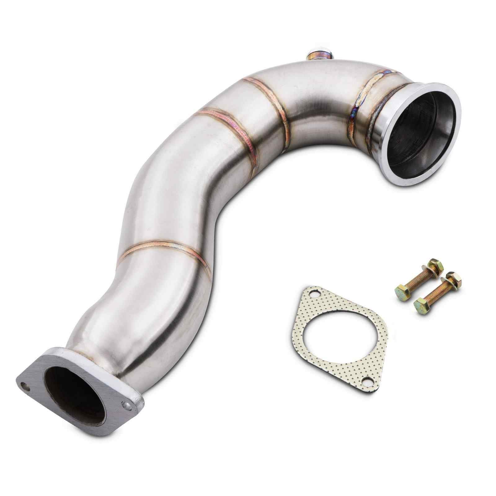 Stainless steel 3" exhaust decat downpipe with smooth curves, featuring a flange at one end, a gasket, and two bolts for installation, designed for Fiat 500 595 695 Abarth models.