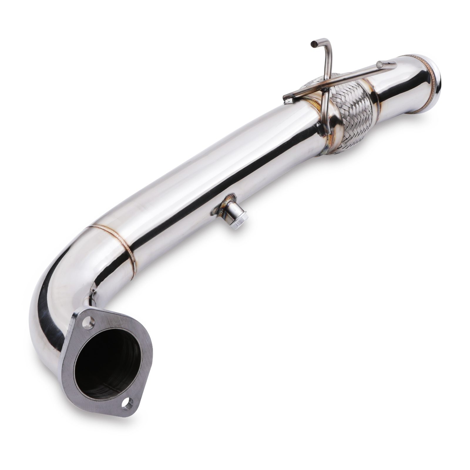 Polished stainless steel 3" exhaust decat downpipe for Ford Focus MK3 2.3 RS, featuring a smooth curved design, a flex section, and a flange for secure attachment.