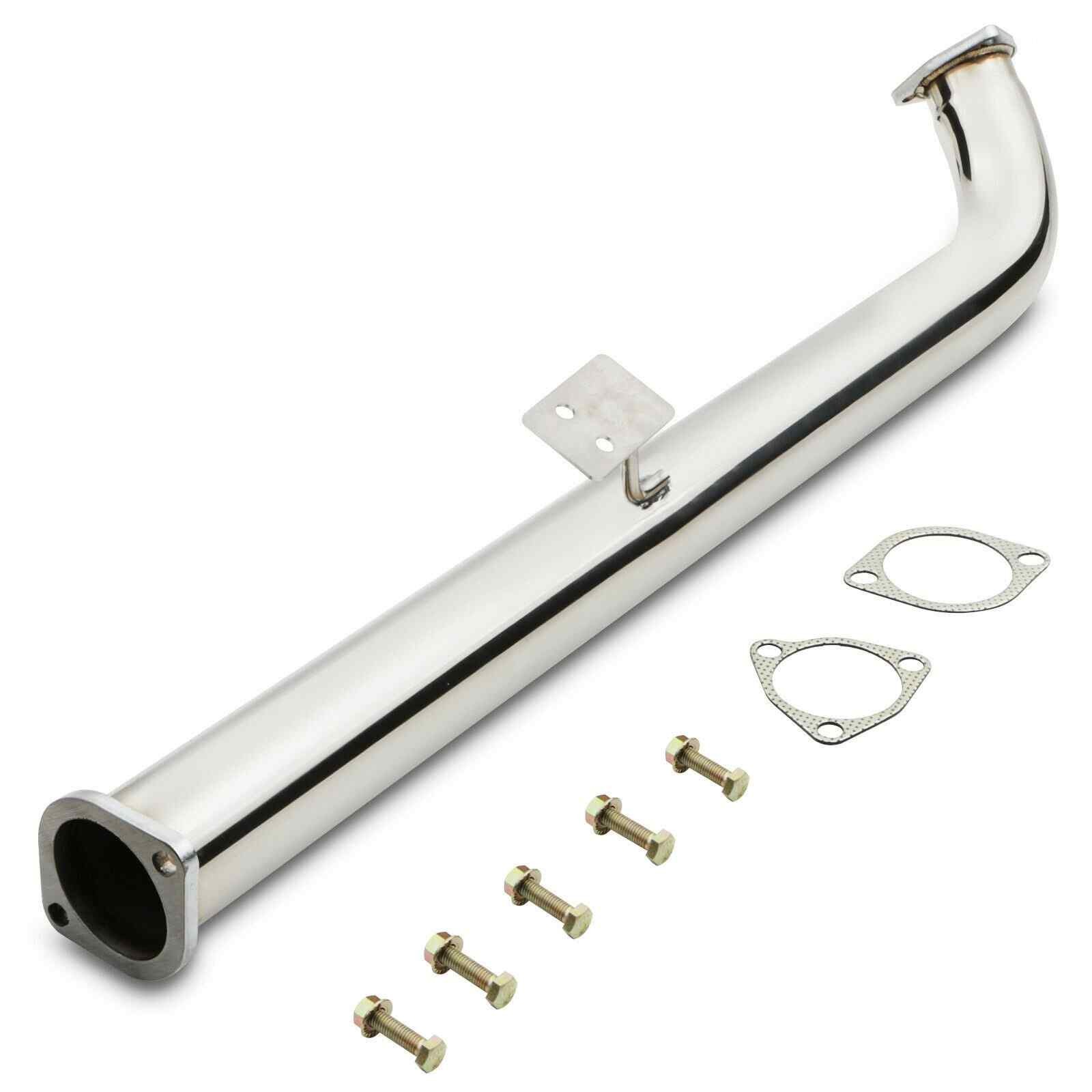Polished stainless steel 3" exhaust decat downpipe for Nissan Silvia 200SX S13, featuring a curved design, mounting bracket, and includes gaskets and bolts.