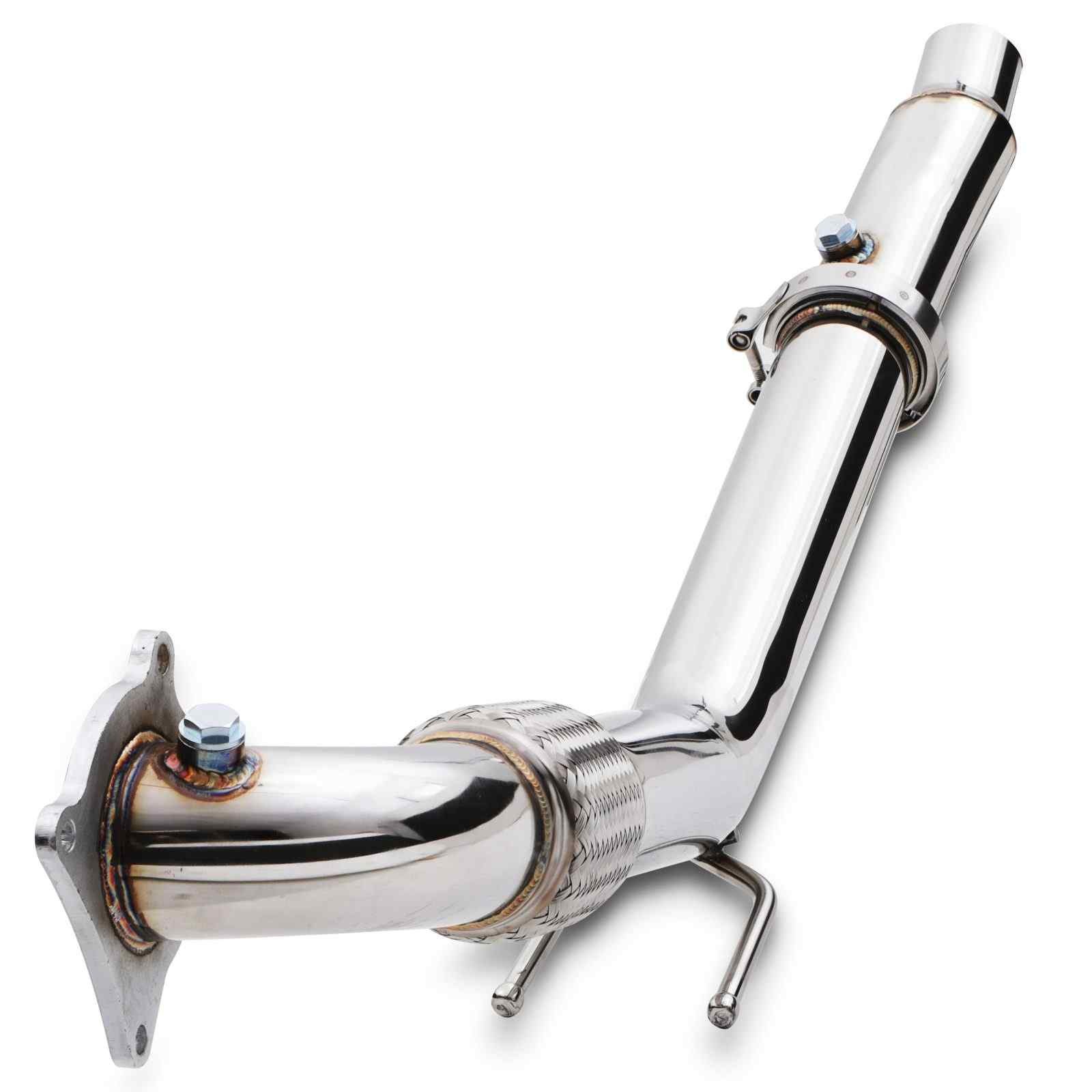 Polished stainless steel exhaust decat downpipe with a curved design, featuring flanged ends and a flexible section, designed for Skoda Octavia VRS 1Z MK2 2.0 TFSI models from 2005 to 2013.