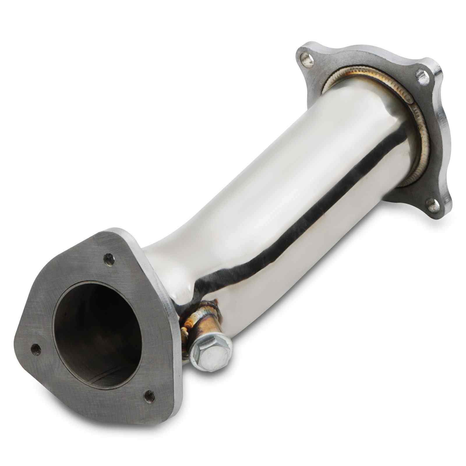 Shiny stainless steel 3" exhaust decat pipe with flanged ends, designed for Audi A4 B9 and A5 8W 2.0 TFSI, featuring a smooth, curved design for enhanced airflow.