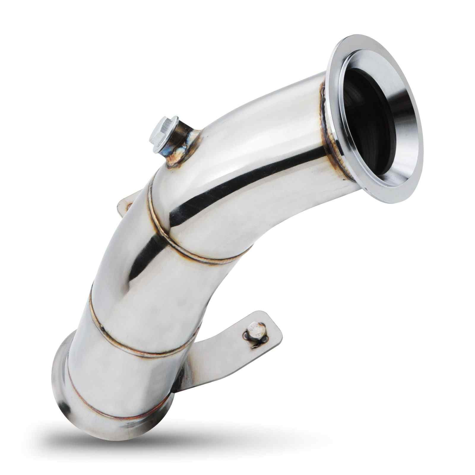 Polished stainless steel exhaust decat pipe with a curved design, featuring smooth welds, a flange for mounting, and a shiny finish, compatible with various BMW models from 2011 to 2013.