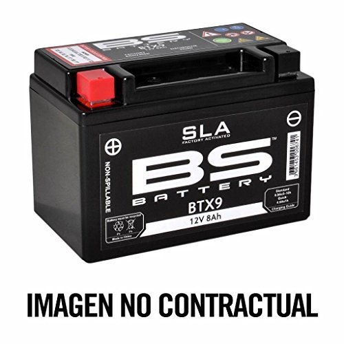 Black SLA battery with red and black terminals, labeled "BS Battery BTX16," featuring a factory-activated design and specifications of 12V and 8Ah.