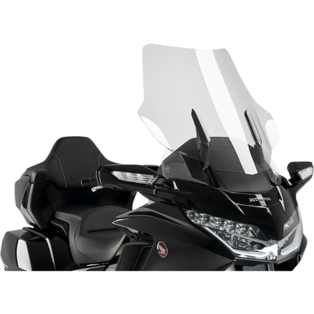 Clear Puig Touring Screen for Honda Goldwing GL1800 (2018-2025), featuring a sleek design that enhances aerodynamics and visibility, mounted on a black motorcycle with a comfortable seat.