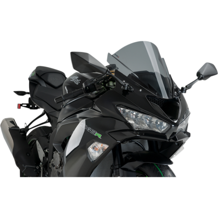 Puig Z-Racing screen in dark smoke for Kawasaki ZX-10R (2008-2010), featuring a sleek design, aerodynamic shape, and a tinted finish that enhances the motorcycle's aggressive look.