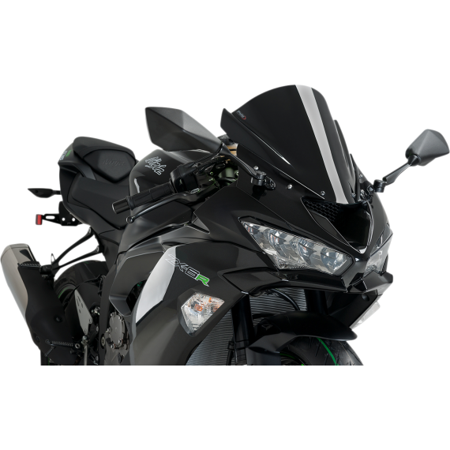 Black Puig Z-Racing screen for Kawasaki ZX-10R (2008-2010), featuring a sleek design, aerodynamic shape, and a glossy finish that enhances the motorcycle's aggressive look.