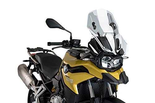 Clear adjustable touring screen for BMW F750 GS (2018-2024) by Puig, featuring a sleek design and durable material, mounted on a yellow motorcycle with a black seat and handlebars.