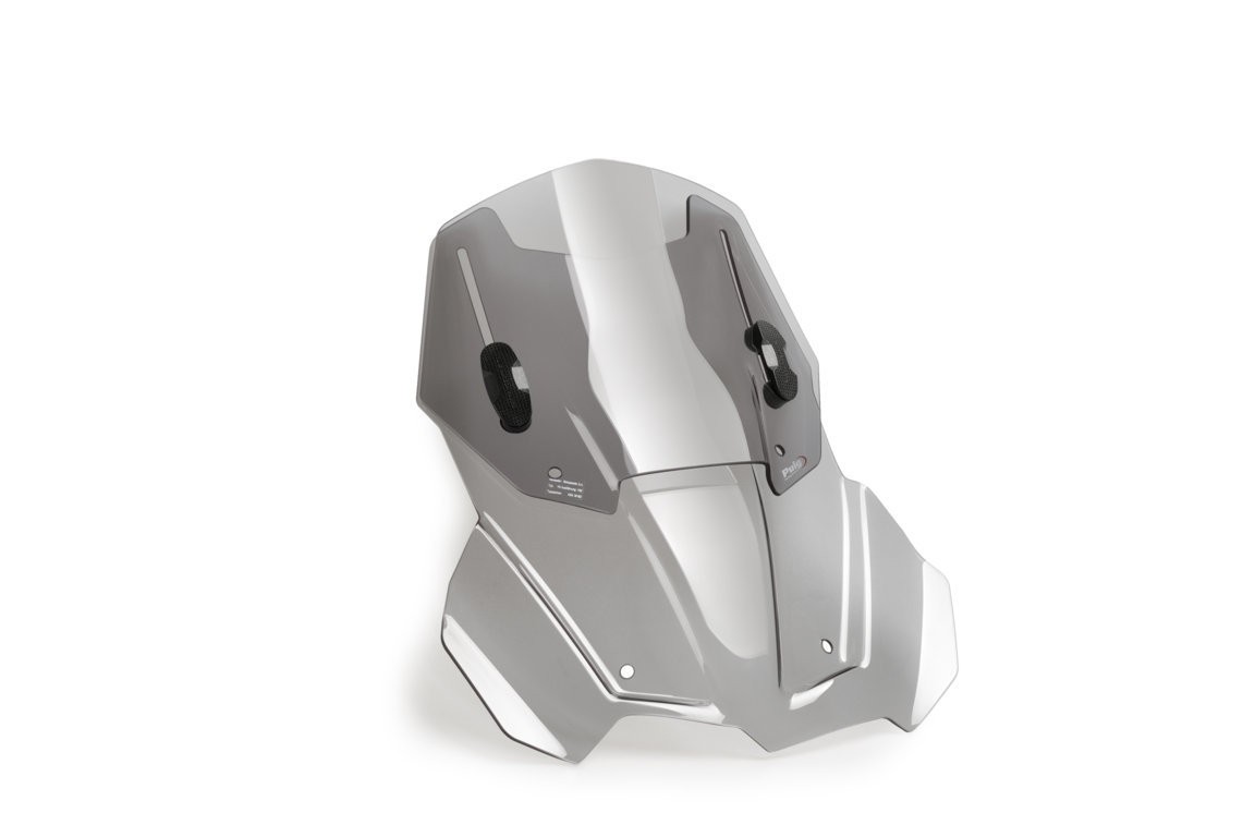 Puig Adjustable Touring Screen for BMW F750 GS, featuring a light smoke color, durable material, and adjustable mounts for enhanced wind protection and comfort.