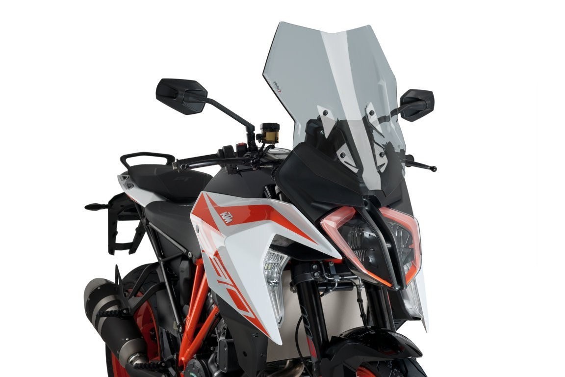 Puig Touring Screen in light smoke for KTM 1290 Super Duke GT (2019-2024), featuring a sleek design and aerodynamic shape, enhancing the motorcycle's front profile.