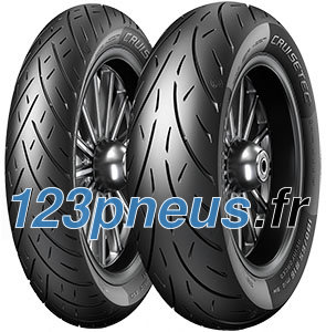 Two Metzeler Cruisetec motorcycle tires, featuring a black rubber material with a tread pattern designed for grip, labeled with "CRUISETEC" and specifications on the sidewall.