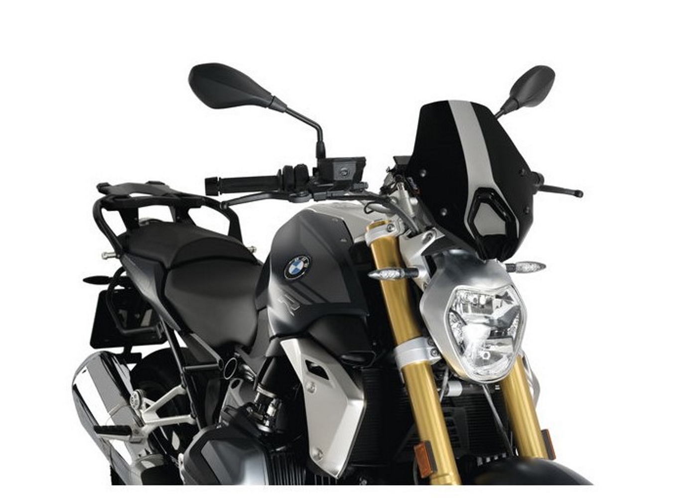 Puig New Generation Sport Screen in black for BMW R1250 R (2018-2025), featuring a sleek design, mounted on a motorcycle with a silver and black color scheme.