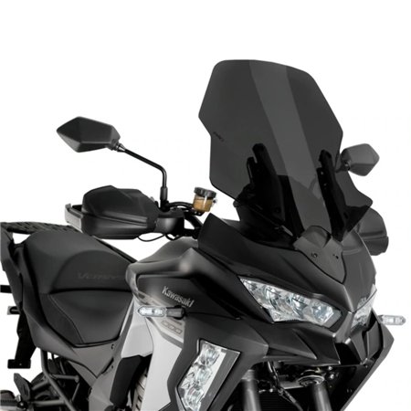 Puig Touring Screen for Kawasaki Versys 1000 S (2021-2024) in dark smoke, featuring a sleek, aerodynamic design and a sturdy material, enhancing wind protection for riders.