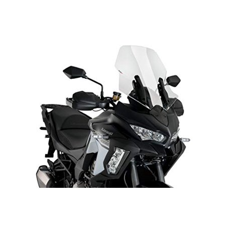 Clear Puig Touring Screen designed for Kawasaki Versys 1000/1100 models, featuring a sleek aerodynamic shape and durable material, mounted above the motorcycle's black body.