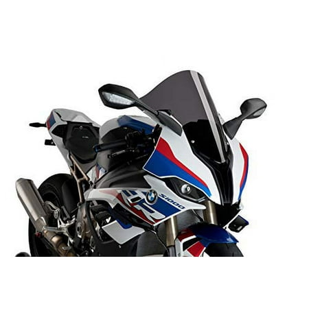 Puig 3641F R-Racer dark smoke windshield for BMW S1000RR 2019, featuring a sleek design with racing stripes in red, blue, and white, enhancing aerodynamics and style.