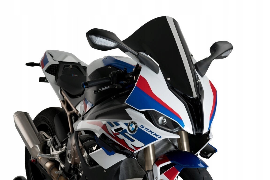 Puig R-Racer screen in black for BMW M1000RR 2021-2022, featuring a sleek design with a tinted finish, enhancing aerodynamics and style on the motorcycle.