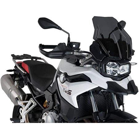 Puig Touring Screen for BMW F750 GS (2018-2024) in dark smoke, featuring a sleek, aerodynamic design and durable material, enhancing wind protection for riders.