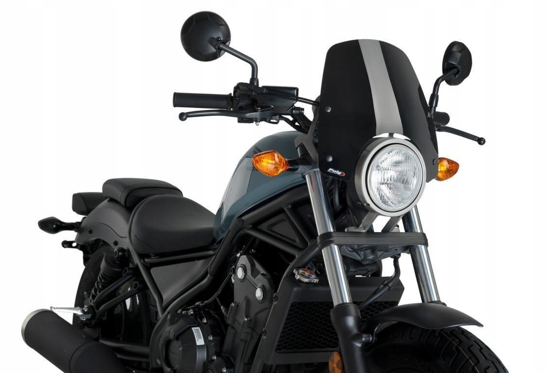 Black Puig New Generation Sport Screen for Honda CMX500 Rebel 2017-2025, featuring a sleek design with a clear visor and a sporty look, mounted above the handlebars.