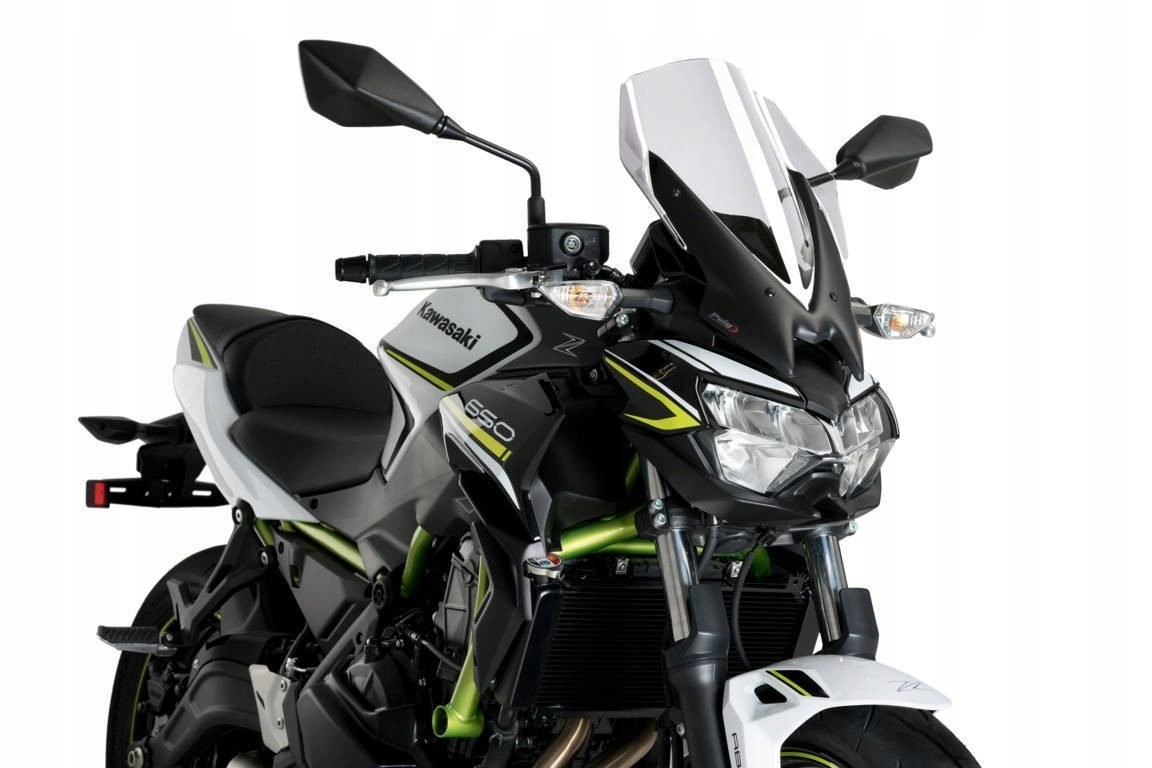 Clear touring screen for Kawasaki Z650 (2020-2025) features a sleek design, mounted on a black and green motorcycle, enhancing aerodynamics and rider comfort.