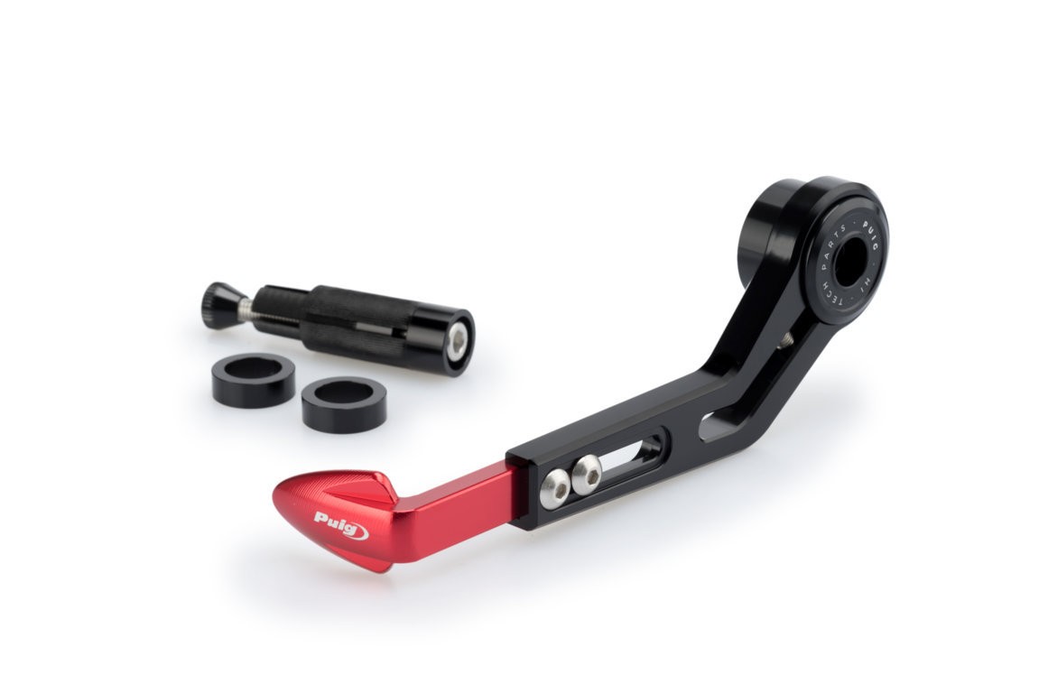Red Puig clutch lever guard with a sleek black mounting arm, featuring a round end and adjustable components, designed for Ducati 1199 Panigale models from 2012 to 2014.