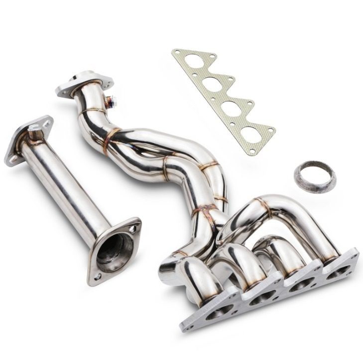 Shiny stainless steel 4-2-1 decat exhaust manifold with multiple pipes, flanges, a gasket, and a circular fitting, designed for Renault Clio MK2 172 182 Sport 2.0 16V models.