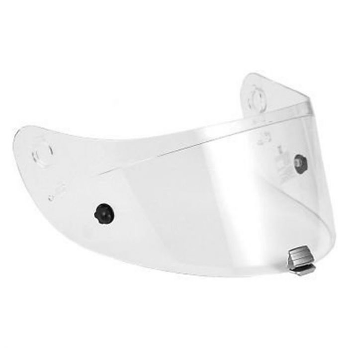 Transparent grey visor for HJC helmets, featuring a curved design, mounting holes on the sides, and a central clip for secure attachment.