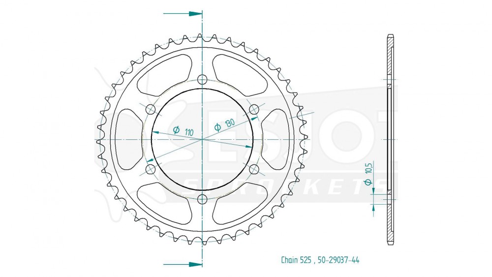 Steel sprocket with 43 teeth, designed for chain 525, featuring a circular shape and precise measurements, labeled with model number 50-29037-44.