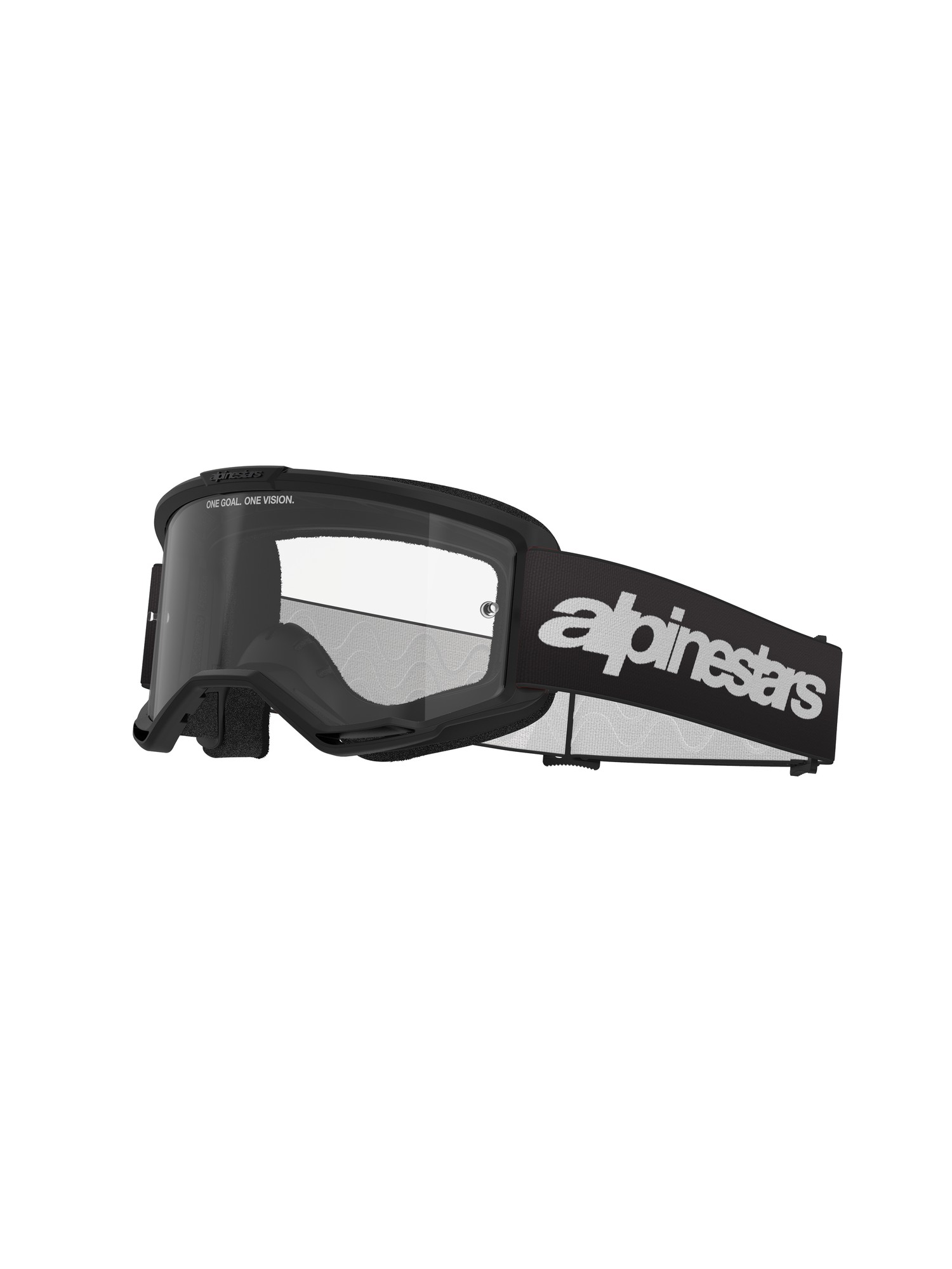 Black Alpinestars goggles featuring a large clear lens, a soft foam lining for comfort, and a bold white "alpinestars" wordmark on the adjustable strap.