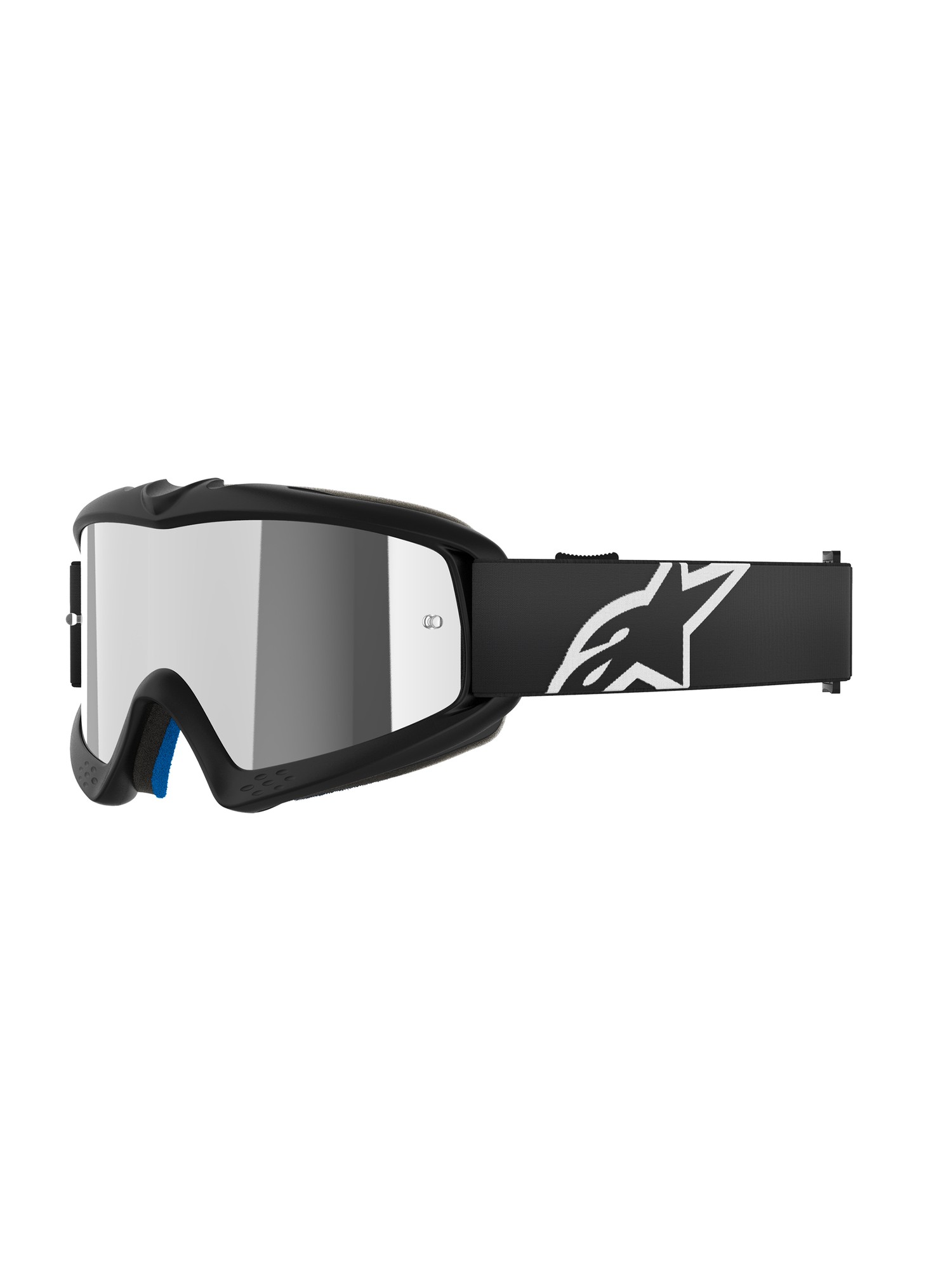 Mirrored youth goggles by Alpinestars feature a sleek black frame, a blue foam lining, and a bold white logo on the adjustable strap, designed for optimal visibility and comfort.
