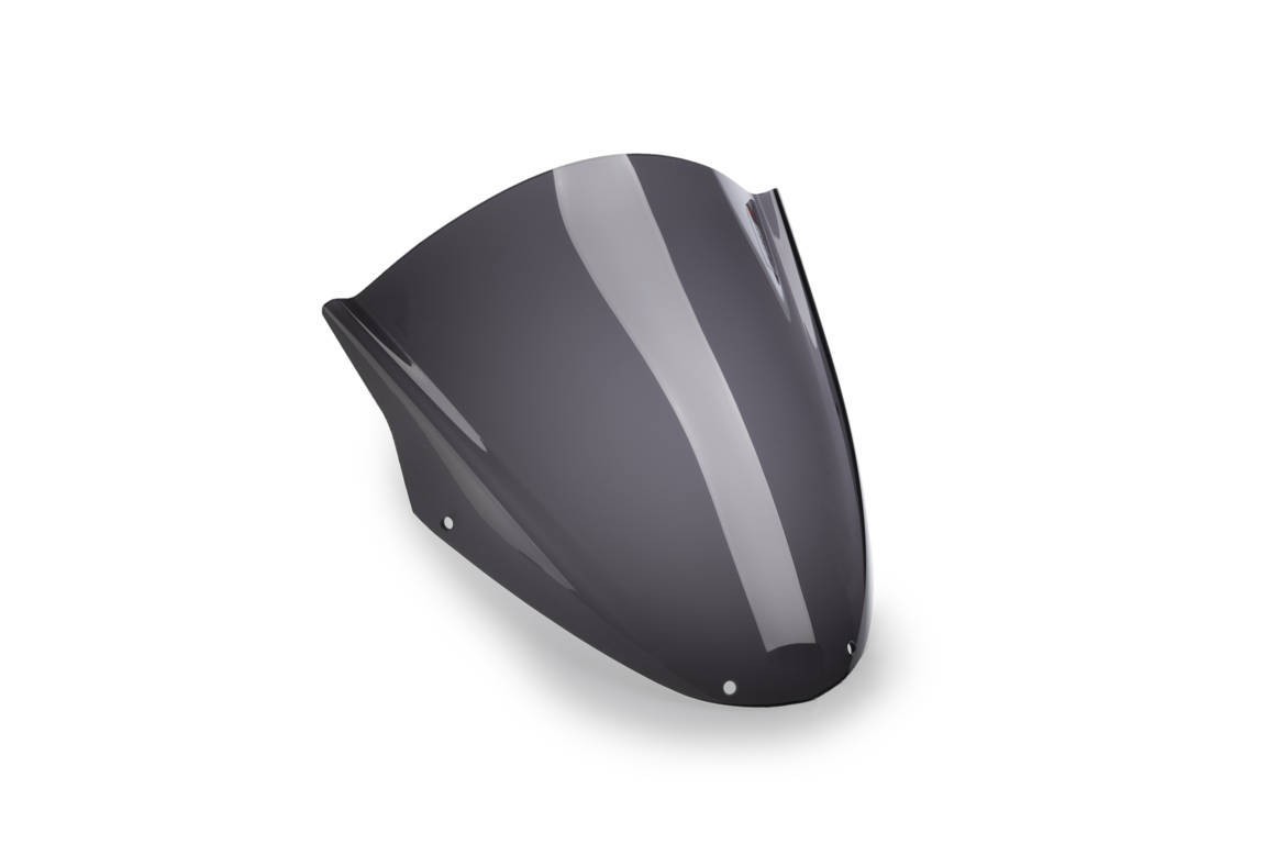 Puig Touring Screen for Ducati Monster 1100, dark smoke color, made of durable material, featuring a sleek, aerodynamic design with smooth curves and mounting holes.