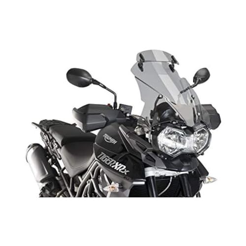 Puig Touring Screen with Extender for Triumph Tiger 800 (2011-2014) in light smoke, featuring a curved design and durable material, mounted on a black motorcycle with dual headlights.