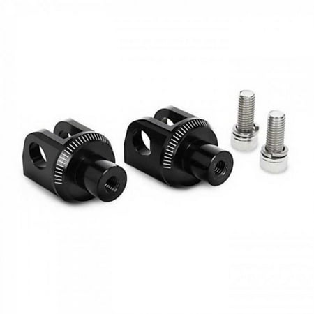 Black aluminum pillion footpeg adaptors with a sleek design, featuring a textured grip and accompanied by two silver screws for installation, compatible with Kawasaki ER6-F models from 2006 to 2016.
