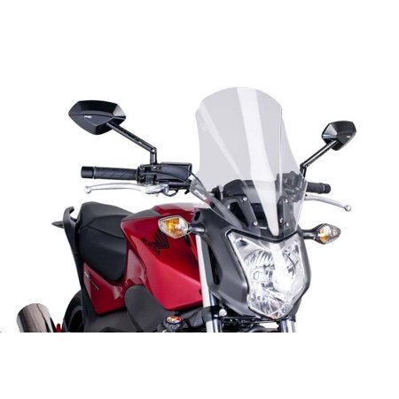 Clear Puig Touring Plus Screen designed for Honda NC700 S (2012-2013), featuring a sleek, aerodynamic shape, mounted above the motorcycle's headlight and handlebars.