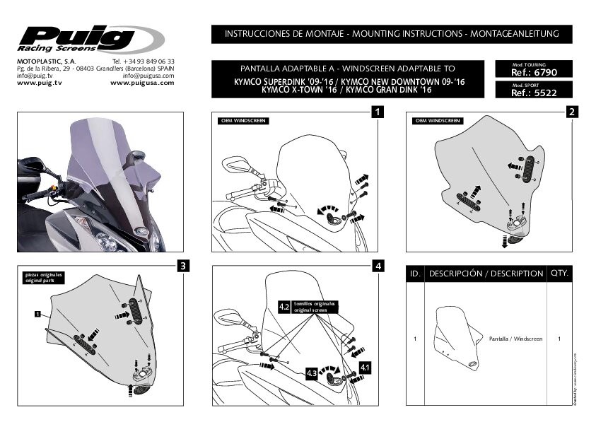 6790W - Puig V-Tech Line Touring Screen For Kymco Downtown 125i 2009-2016 - Clear - image 2