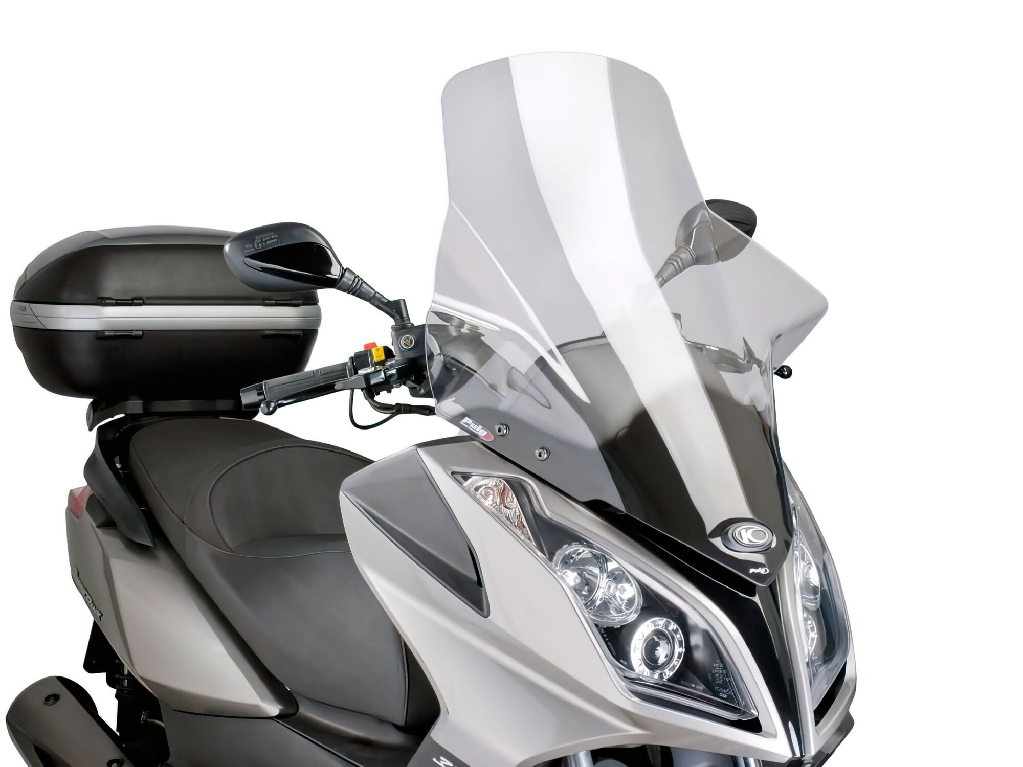 Clear Puig V-Tech Line Touring Screen designed for Kymco Downtown 125i (2009-2016), featuring a sleek, aerodynamic shape and durable material, enhancing rider protection and visibility.