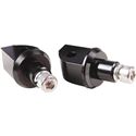 Black aluminum pillion footpeg adaptors designed for Triumph Bonneville Speedmaster models 2021-2025, featuring a sleek, angular design and durable construction.