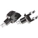 Black aluminum footpeg adaptors designed for Aprilia RS660 models from 2021 to 2025, featuring a sturdy build and precise fit for enhanced performance.