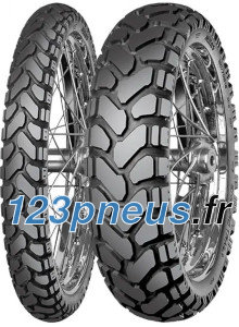 Mitas Enduro Trail + rear motorcycle tire featuring a rugged tread pattern, black rubber material, and a 140/80B17 size with M+S marking for enhanced traction.