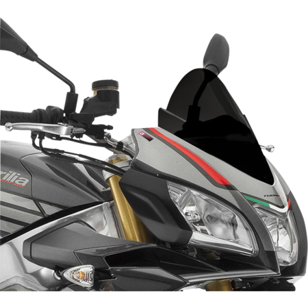 Black Puig Z-Racing screen for Aprilia Tuono 125 (2017-2025) featuring a sleek design with a tinted finish and integrated mounting points, enhancing aerodynamics and style.