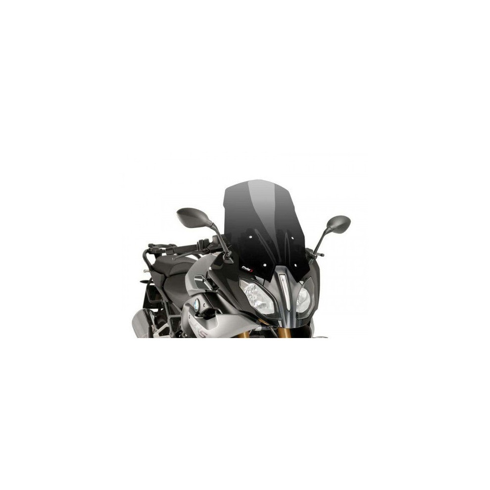 Dark smoke Puig Touring Plus screen designed for BMW R1200 RS models from 2015 to 2018, featuring a sleek, aerodynamic shape and durable material for enhanced wind protection.