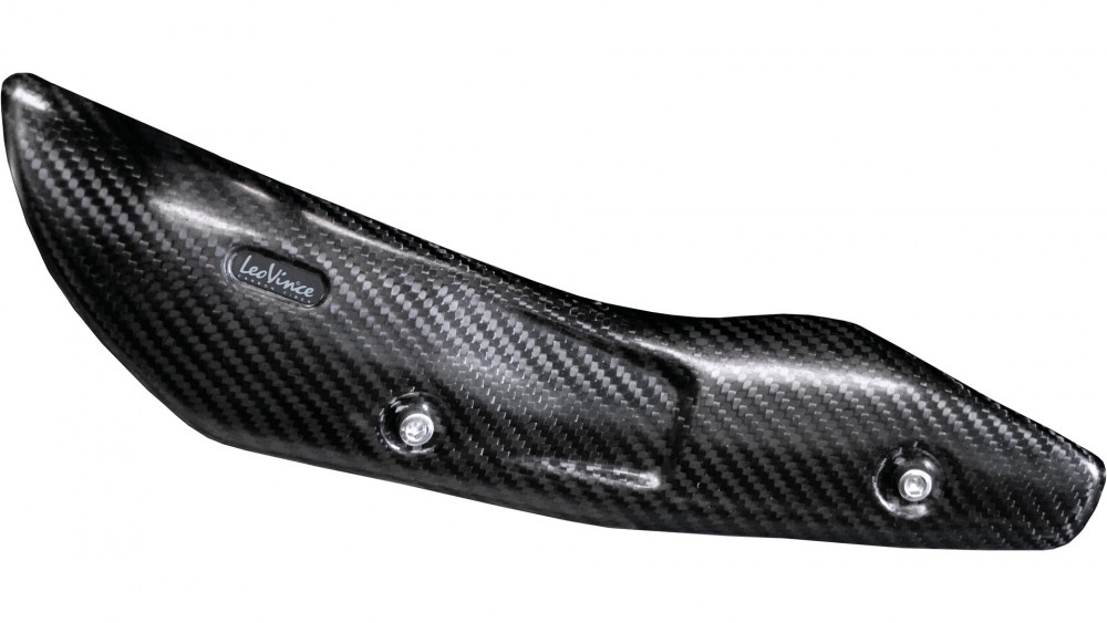 Carbon fiber heat shield for Kawasaki Z 900 (2017-2024) featuring a sleek design, smooth surface, and LeoVince branding, with two mounting points visible.