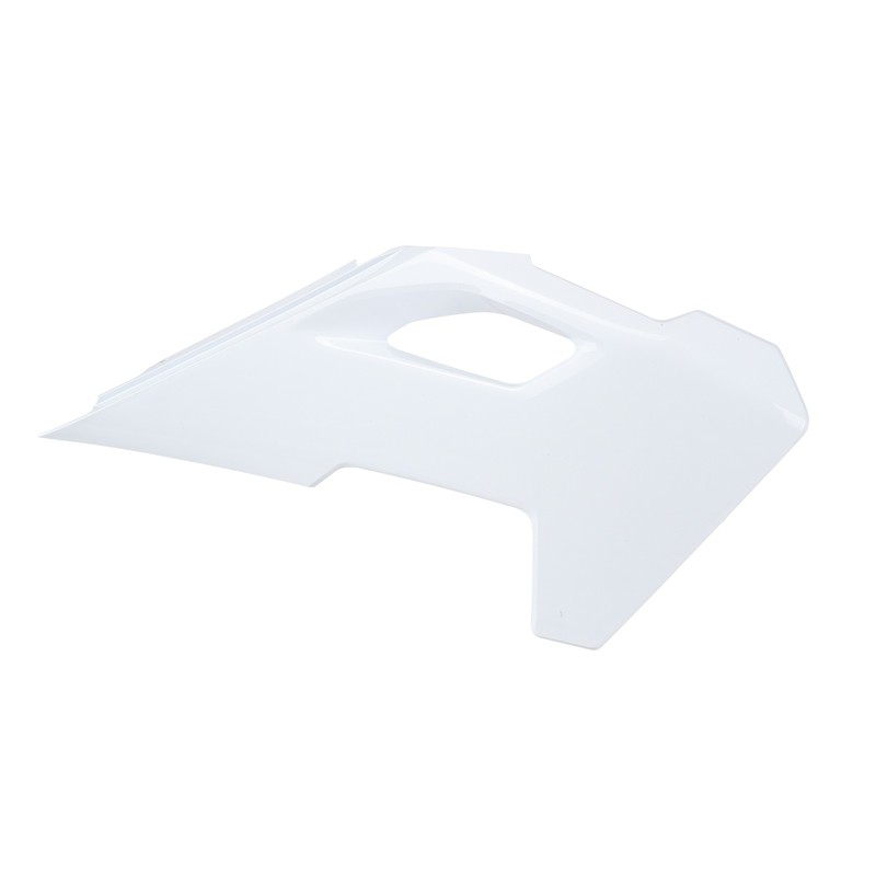 White POLISPORT Radiator Scoops made of durable plastic, featuring a sleek design with a cut-out section for airflow and enhanced cooling efficiency for off-road motorcycles.