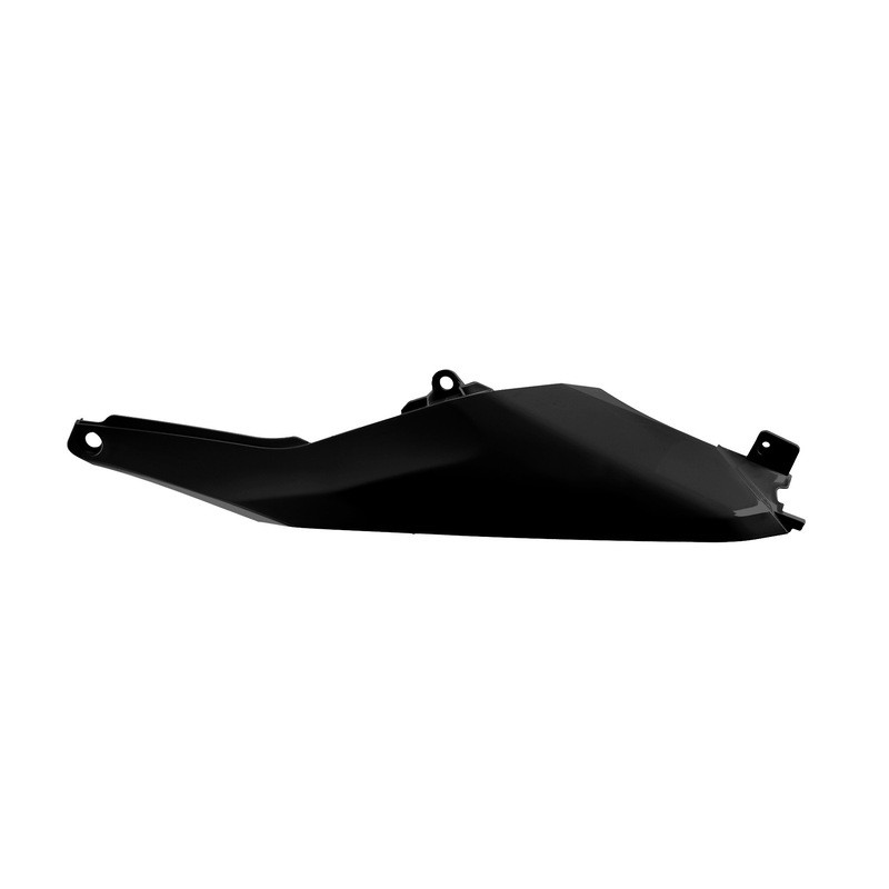 Black plastic side panel by Polisport, featuring a sleek design with smooth contours and mounting points for easy installation on off-road motorcycles.