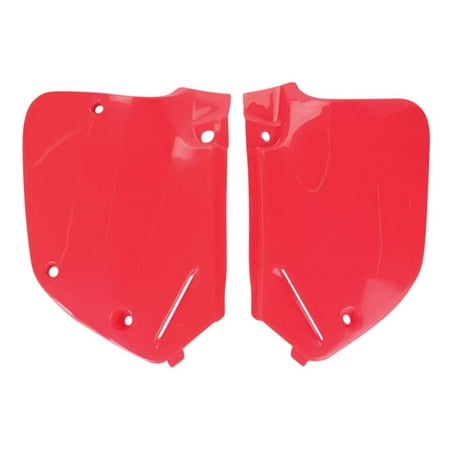 Fluorescent red plastic side panels designed for Honda CR125 (1993-1994), CR250 (1992-1994), and CR500 (1991-2001) with smooth finish and pre-drilled holes for easy installation.