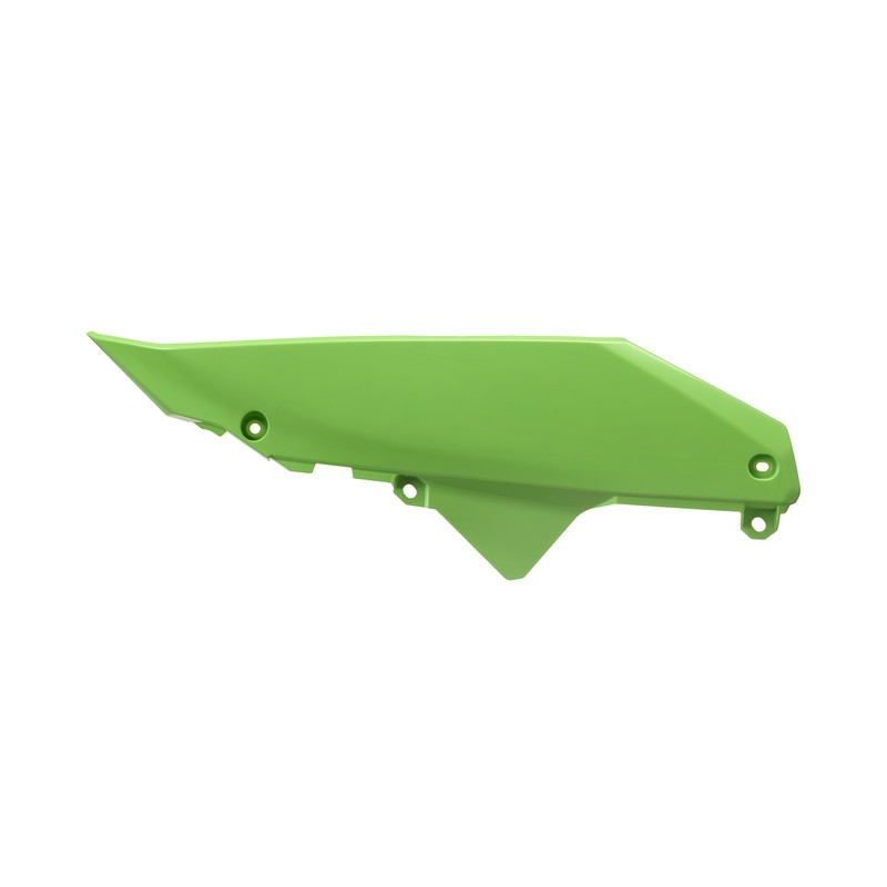 Bright green plastic side panel with a sleek, aerodynamic design, featuring mounting holes for easy installation on motorcycles or off-road vehicles.