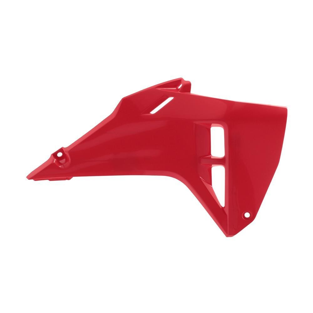Red plastic radiator scoop designed for Honda CRF250R and CRF450R models from 2025-2026, featuring a sleek shape and ventilation slots for improved airflow.
