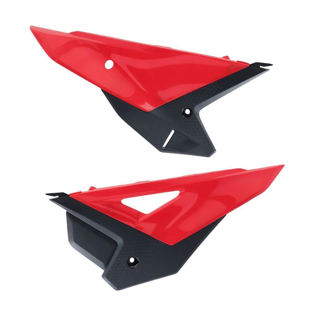 Red and black plastic side panels designed for Honda CRF250R, CRF250RX, CRF450R, and CRF450RX 2025 models, featuring a sleek aerodynamic shape and cutouts for easy installation.