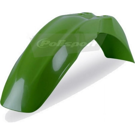 Green plastic front fender designed for Kawasaki KX 125/250 (1987-1992) and KX500 (1987-1992), featuring a sleek, aerodynamic shape and a glossy finish.